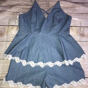 Agaci Denim and Lace Romper